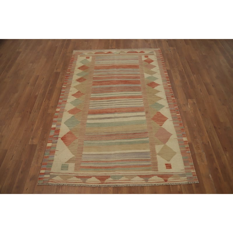 Hand Woven Oriental 100% Wool Carpet Southwestern Tribal Oranges & Rust Kilim Area Rug - 5' 11'' X 3' 11''