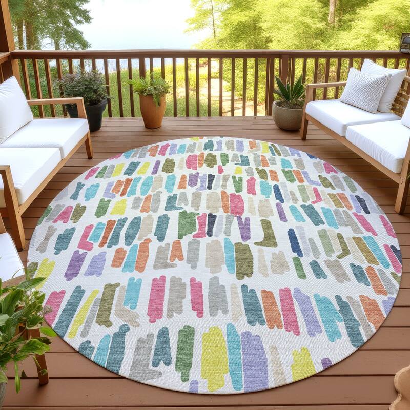Machine Washable Indoor/ Outdoor Modern Mosaic Chantille Rug - Ivory - 8' x 8'