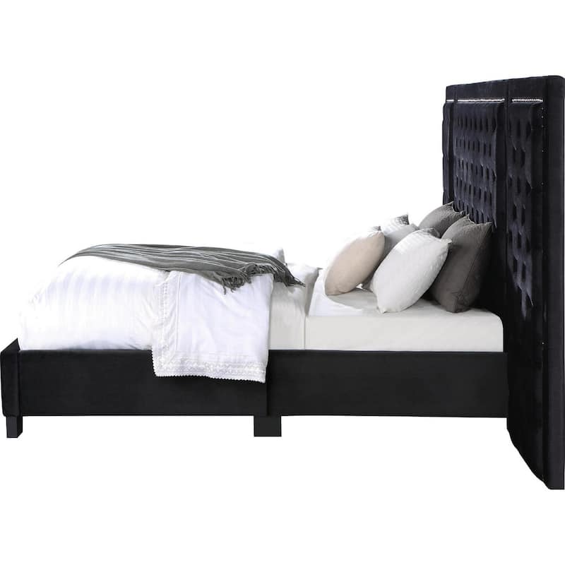 Cleo Queen Bed, Velvet, XL 3 Panel Tall Headboard, Crystal Tufted, Black