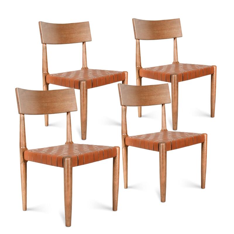 Genuine Leather Woven Straps Solid Back Side Chair (Set of 2)