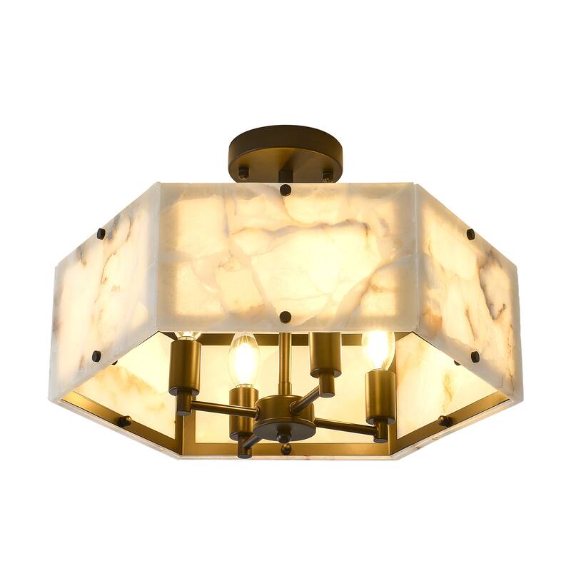 4 - Light Mid - Century Modern Alabaster - Look Octagonal Semi Flush Mount - Matte Black