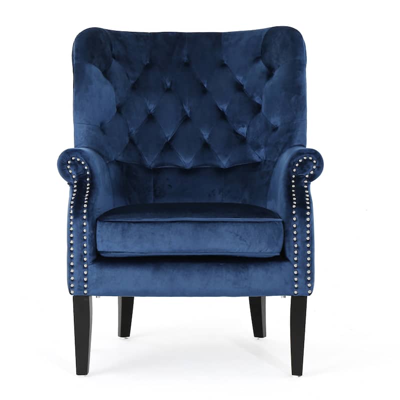 Roomfitters Velvet Tufted Accent Chair with Rolled Arms and Nailhead Trim, Classic Lounge Chair