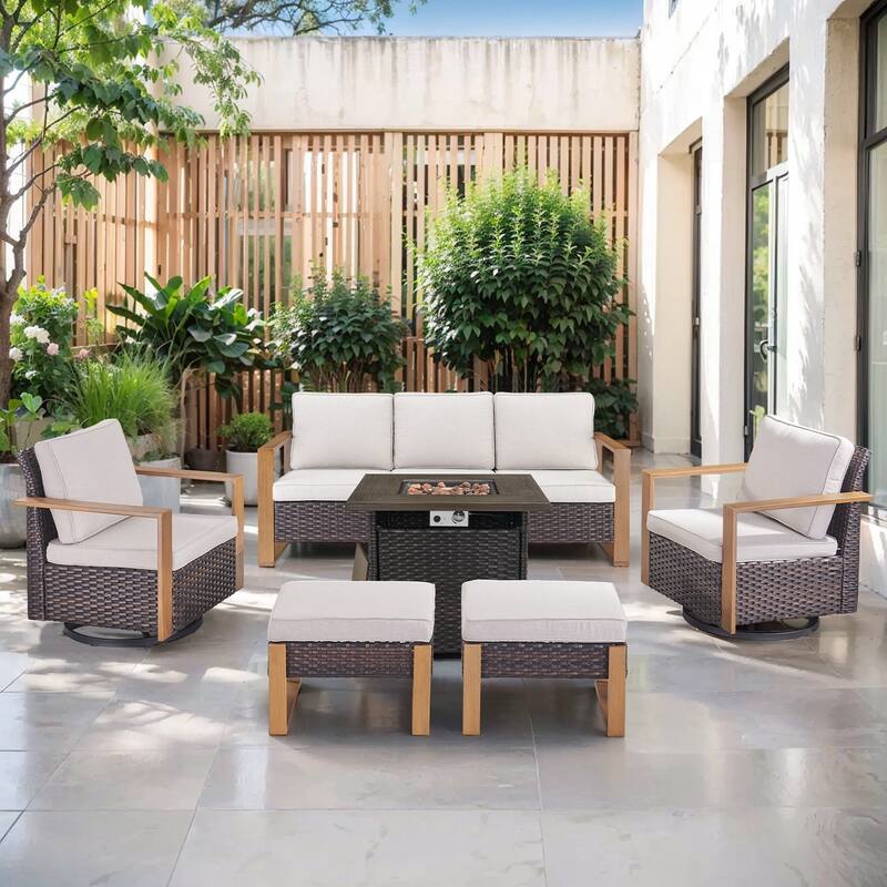 Pocassy Outdoor Fire Pit with 3-Seat Sofa Swivel Chairs Patio Furniture Set - Brown Wicker Beige Cushion - 6-Piece Sofa Swivel Chair Ottoman with Fire Table