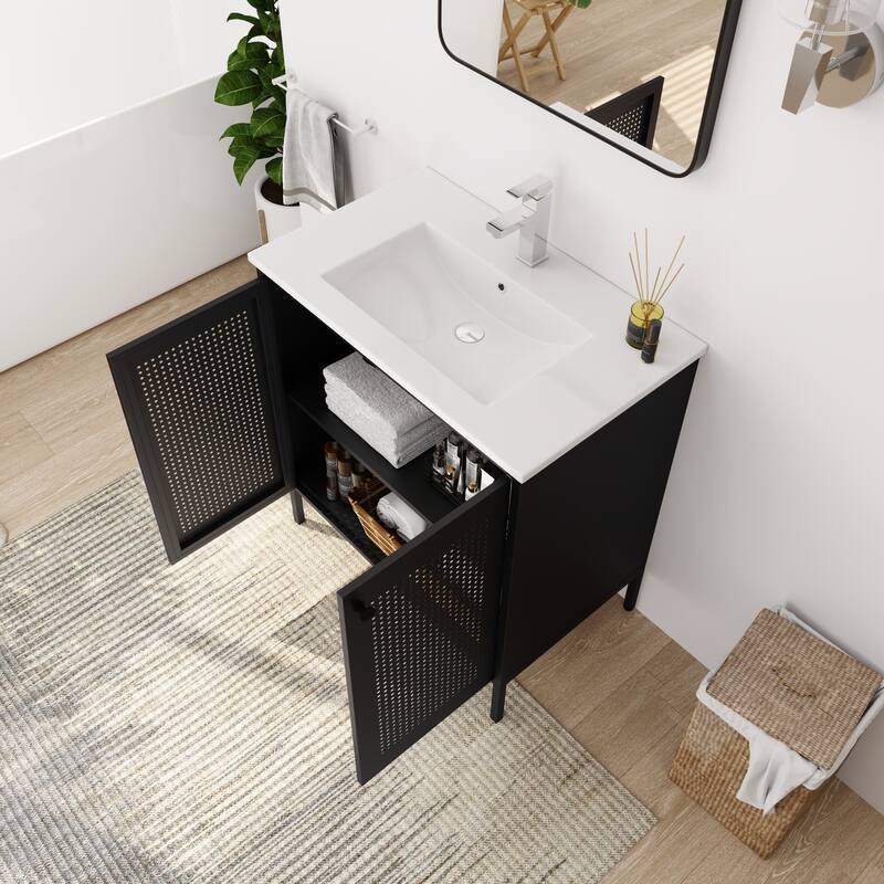 30-Inch Modern Freestanding Bathroom Vanity with Ceramic Sink, Cold-Rolled Steel Frame, Adjustable Shelves - 30in L Steel