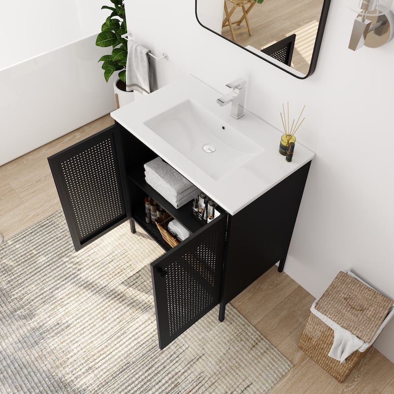 Bathroom Vanity with Ceramic Sink, Freestanding Bathroom Storage Cabinet, Bathroom Vanities with 2 Doors & Adjustable Shelves