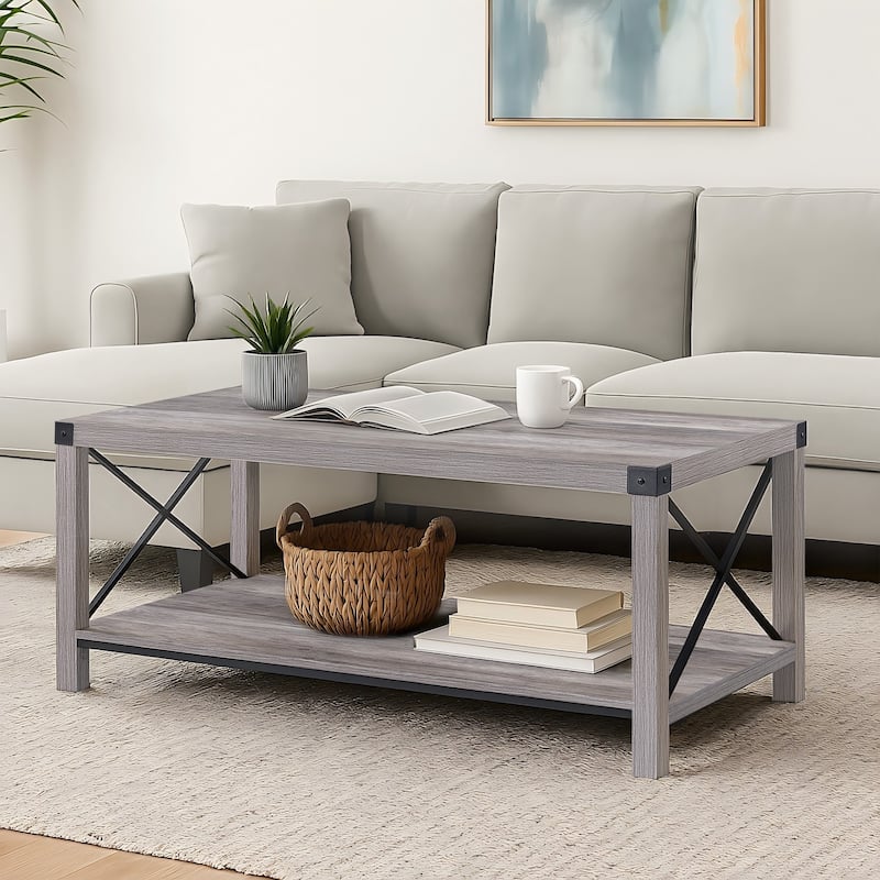 Ledel 39-in Rustic Wood Coffee Table with Storage Shelf - Grey