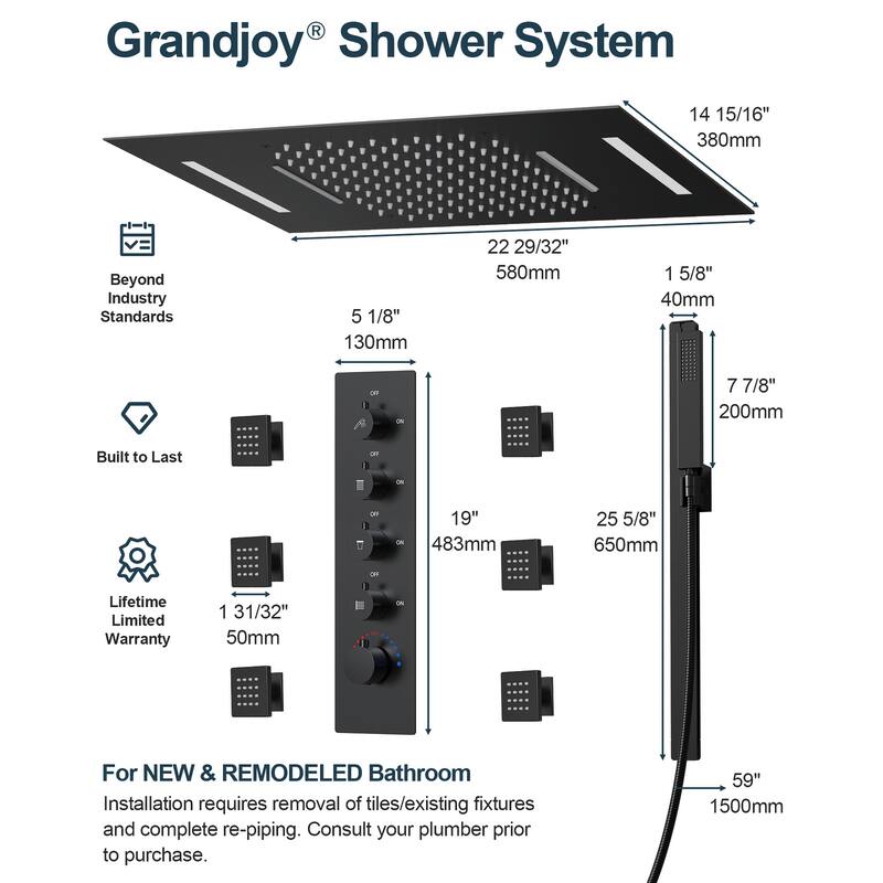 GRANDJOY Luxury Shower Faucets 22" LED Ceiling Mount Rainfall Shower Head System with 6 Body Jets