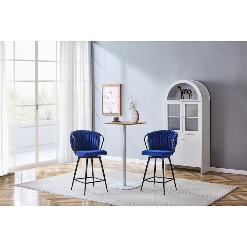 Set of 2 Modern Velvet Braided Bar Stool with Metal Frame, Upholstered Counter Height Stool - Black,Blue
