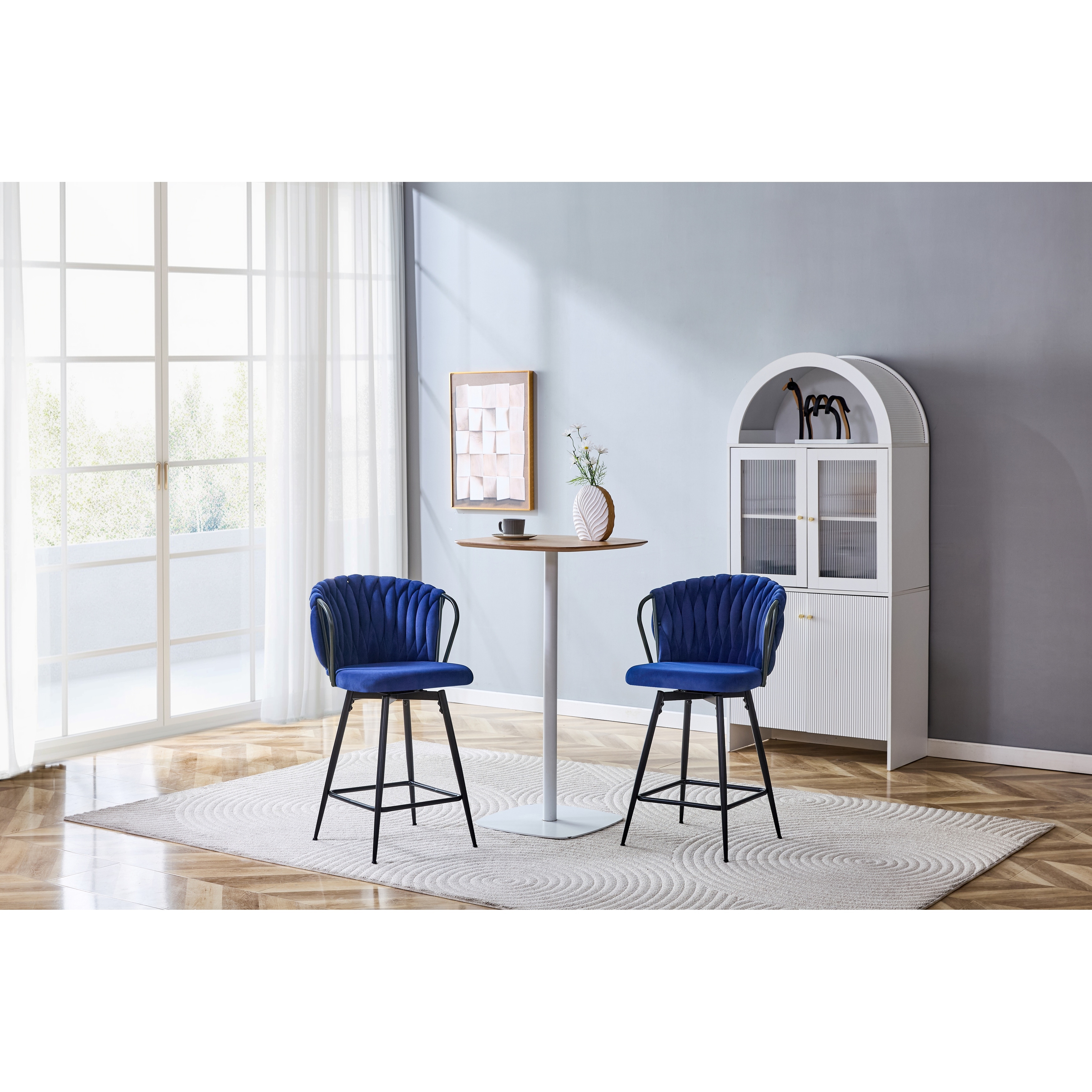 Set of 2 Modern Velvet Braided Bar Stool with Metal Frame, Upholstered Counter Height Stool