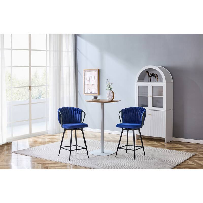 Set of 2 Modern Velvet Braided Bar Stools with Metal Frame & Woven Rope Backrest - Blue