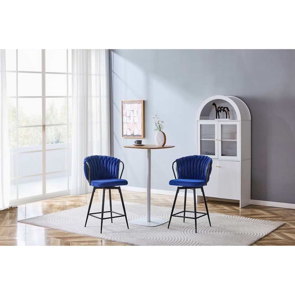 Set of 2 Modern Velvet Braided Bar Stools with Metal Frame & Woven Rope Backrest - Blue