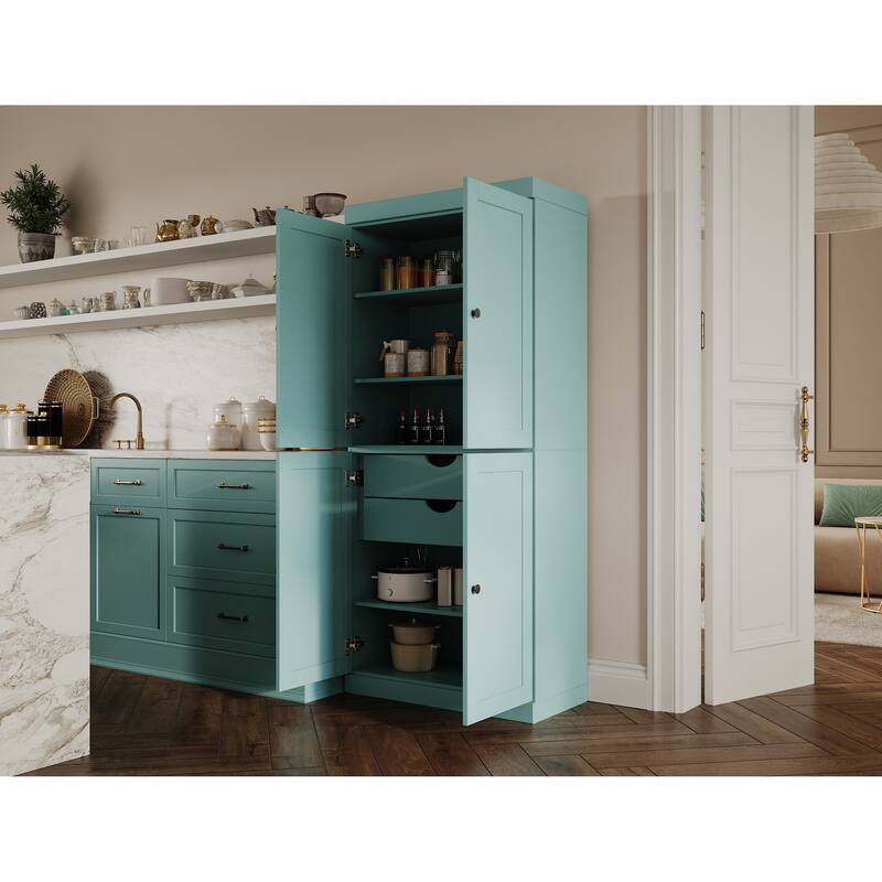 Palace Imports 100% Solid Wood 32" Pantry Cabinet with Shaker Doors, 2-Drawers and Adjustable Shelves - Aqua Blue