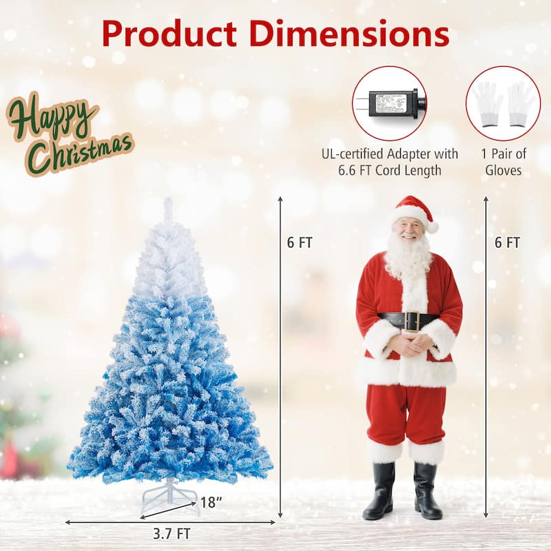 5/6/7/8 FT Pre-Lit Snow Flocked Christmas Tree Artificial Hinged Tree - Blue+White - 6 Foot