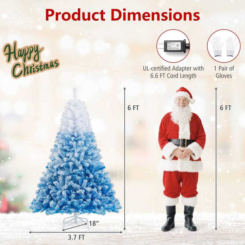 Gymax 5/6/7/8 FT Artificial Christmas Tree Hinged Snow Flocked Xmas - Blue, White