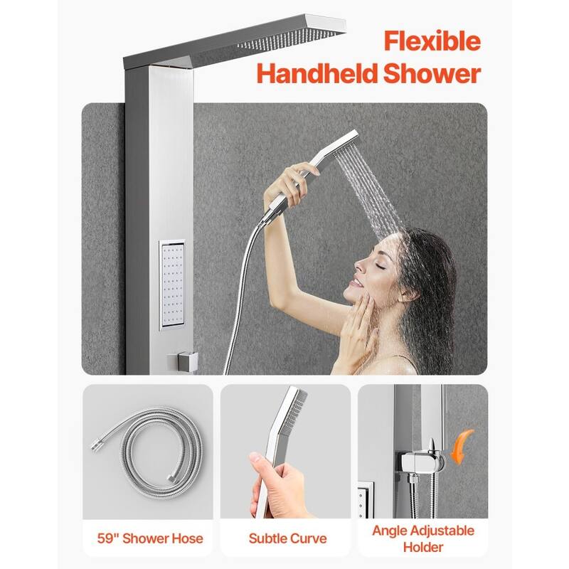 Silver Stainless Steel 3-in-1 Shower Panel with Rainfall, Massage and Handheld - 53.0x 7.9x 18.1 inch