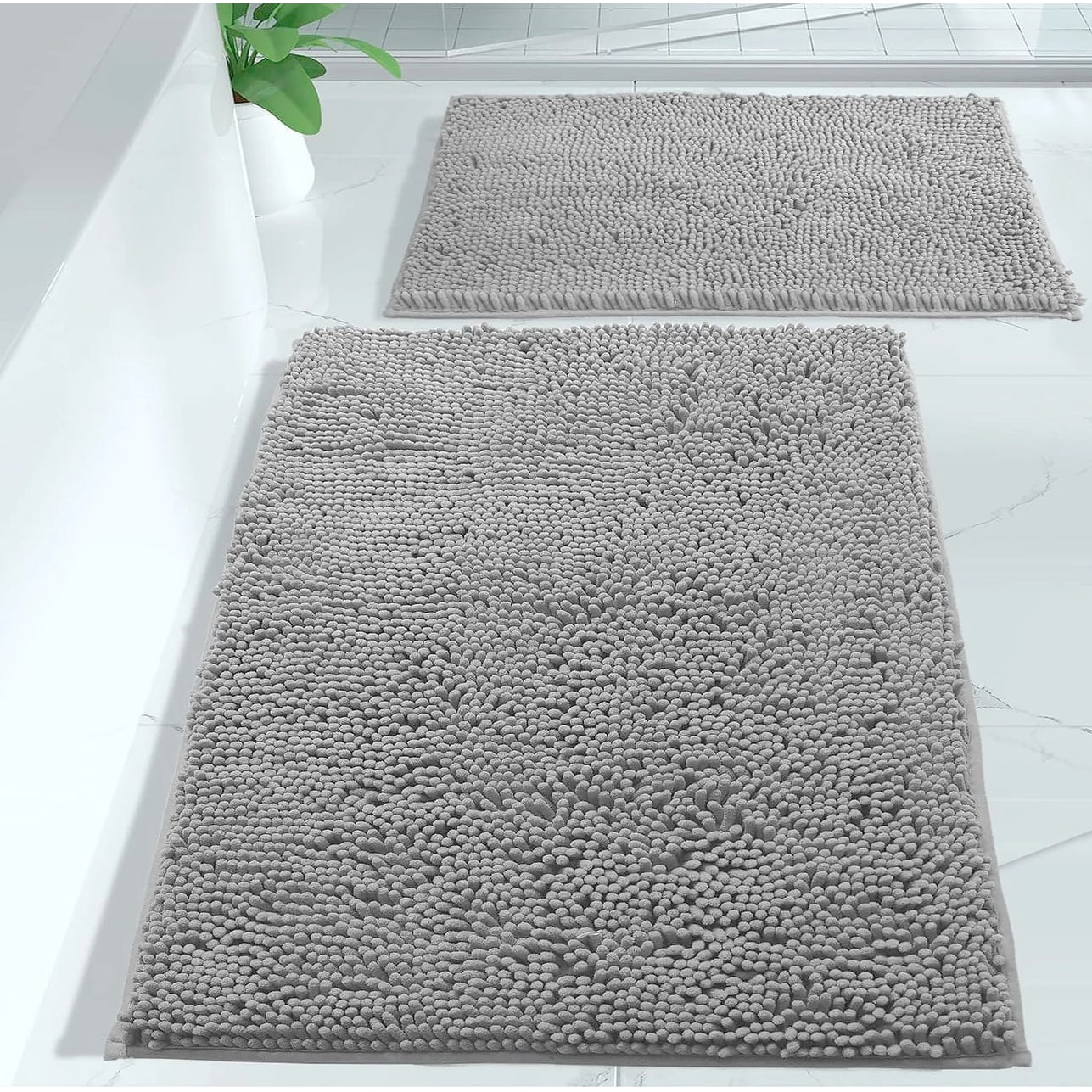 Large 2 Piece Set Light Grey Soft Cozy Plush Chenille Bath Mat Bathroom Rug