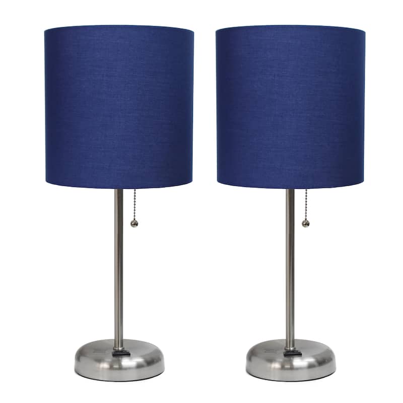 Simple Designs 19.5" 2 Pack Table Desk Lamp Set with Charging Outlet - 19.50 - Brushed Steel/Navy Blue Shade