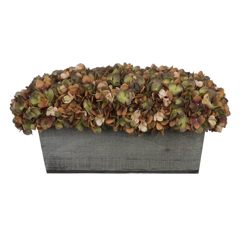 Faux Hydrangeas in Grey Wood Washed Ledge Planter - Coffee