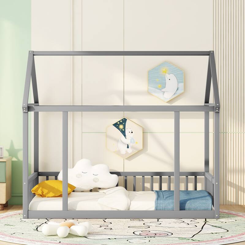 Twin/Full Size Floor Bed with Wooden House Roof Frame and Safety Guardrails for Children's Bedrooms, Small Space