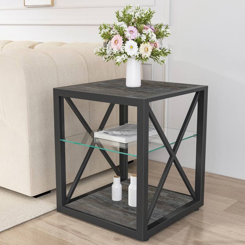 Set Of 2 Modern End Table Nightstand, Tempered Glass&Rustic Wood Grain Mdf,Industrial Style Side Table