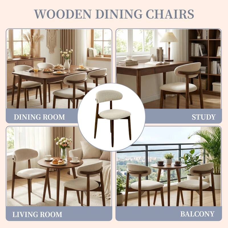 Wooden Dining Chairs Set of 2, Modern Fabric Upholstered Dining Room Chair with Curved Back, with Adjustable Foot Pads