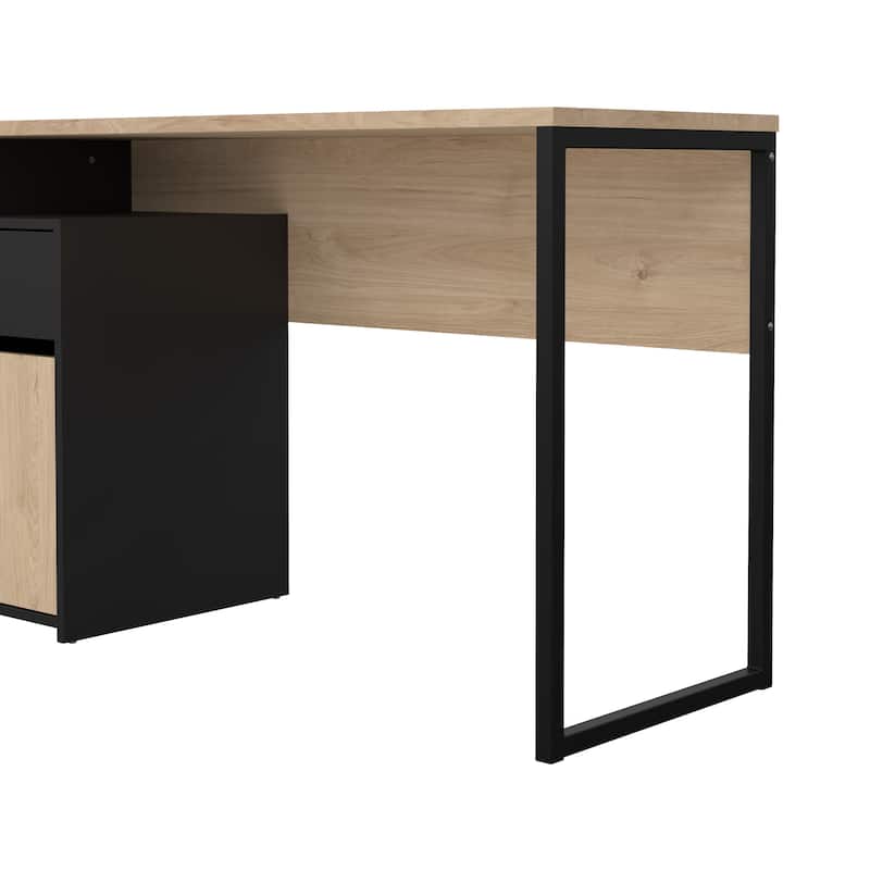 Porch & Den Waylon Home Office Writing Desk with 1 Door and 1 Drawer, Jackson Hickory/Black Matte