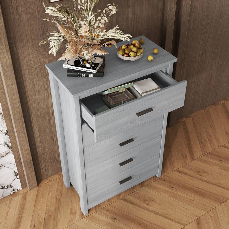 Retro Style Wooden 5-Drawer Vertical Chest with Metal Handles for Bedroom