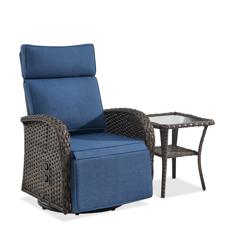 Pocassy Outdoor Brown Wicker Chaise Lounge Chair with Side Table Blue Cushion