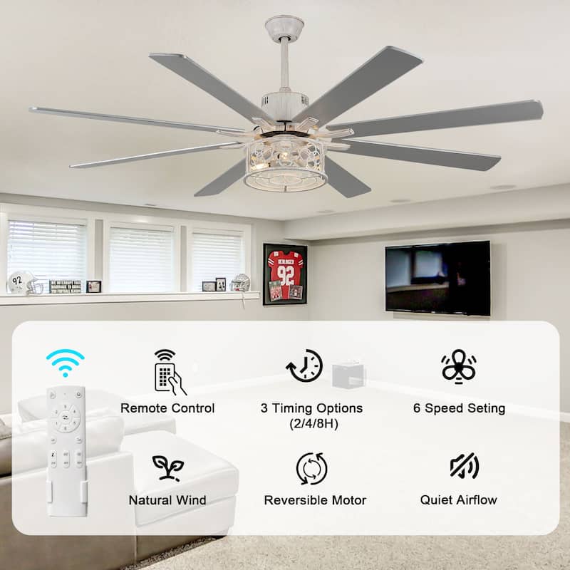Bella Depot 72" Industrial Large Ceiling Fan 6-speed 3-Light Farmhouse Metal Caged Black Ceiling Fan with Light and Remote