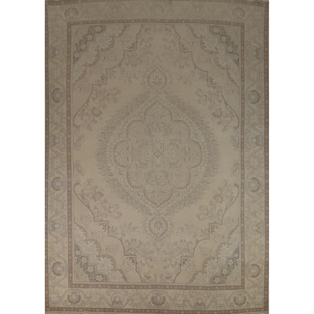 Floral Beige Tabriz Persian Area Rug Hand-Knotted Wool Carpet - 9'6"x 12'10"