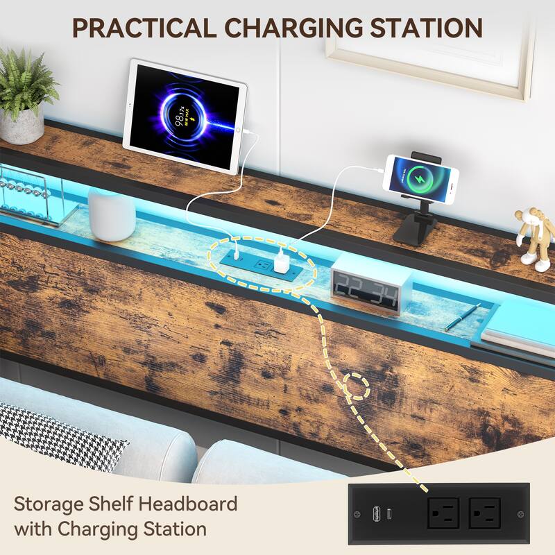 Storage Headboard with LED Lights and Charging Station, Headboard Only
