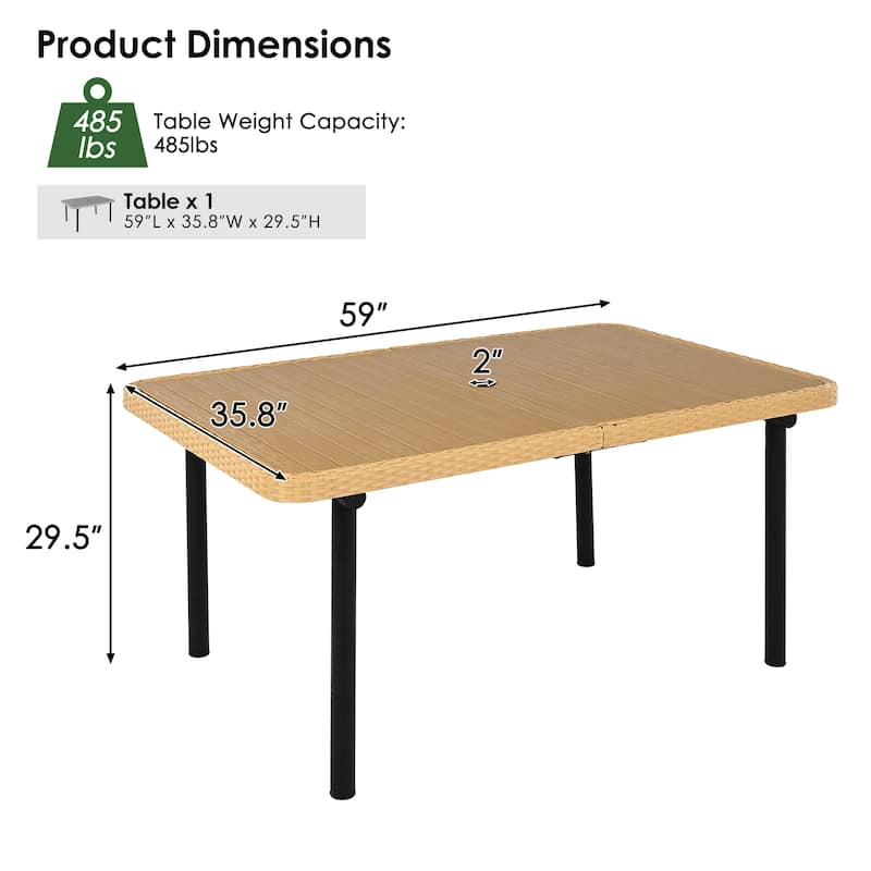 59" Outdoor Patio Dining Table, Polywood Tabletop with Umbrella Hole, Iron Legs, Rectangular Dining Table for Garden