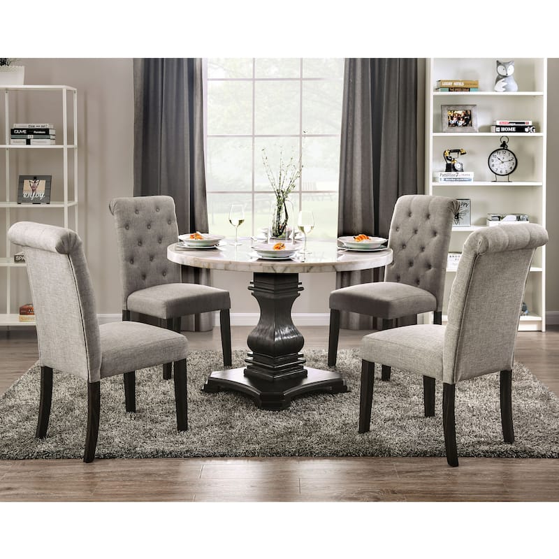 Brec Farmhouse Marble Top 5-Piece Round Dining Table Set with Tufted Chairs by Furniture of America - Light Grey