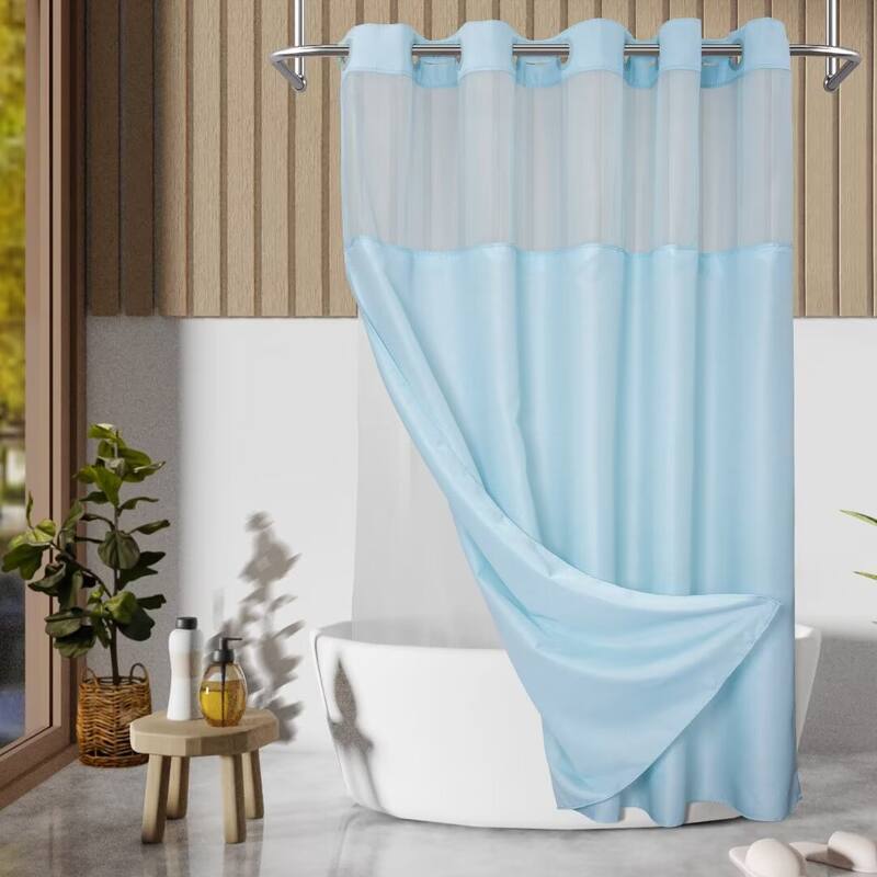 No Hook Slub Linen Texture Shower Curtain with PEVA Snap-in Liner