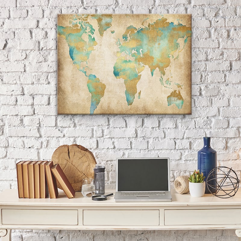 Golden World Map by Willowbrook Fine Art Canvas Art Print