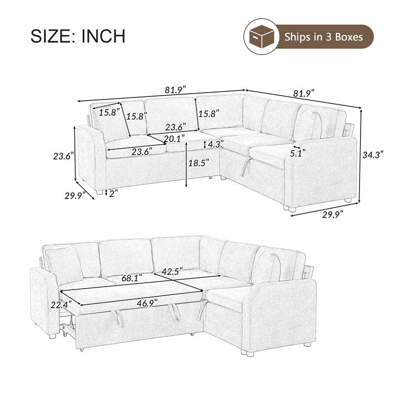 81.9" Upholstered L-shaped Sofa with a Sofa Sleeper and a Hidden Storage Compartment