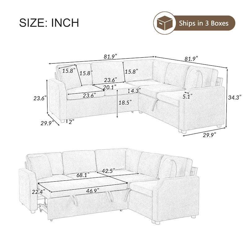 Roomfitters L-Shaped Sectional Sofa Bed with Sleeper and Hidden Storage Compartment for Living Room