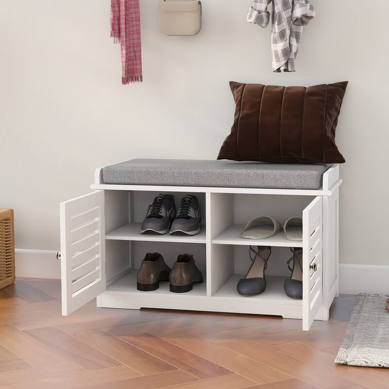 White Shoe Bench Entryway Bench with Padded Seat, Hallway Bench Ottoman Bench Footrest with 2 Barn Doors