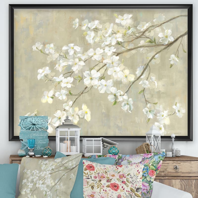 Designart "Dogwood in Spring Neutral" Farmhouse Framed Art Print - 20 in. wide x 12 in. high - Black
