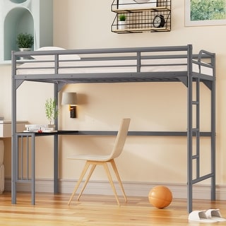 Twin Size Loft Bed, Made of Metal, with Book Desk Under Bed, Silver