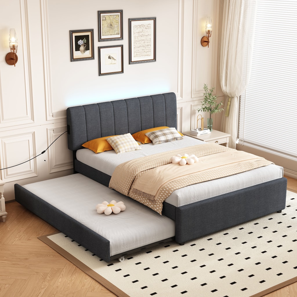 Full Platform Bed with Trundle, LED Headboard, Charging Ports & Remote/App Control, USB & Type-C Outlets