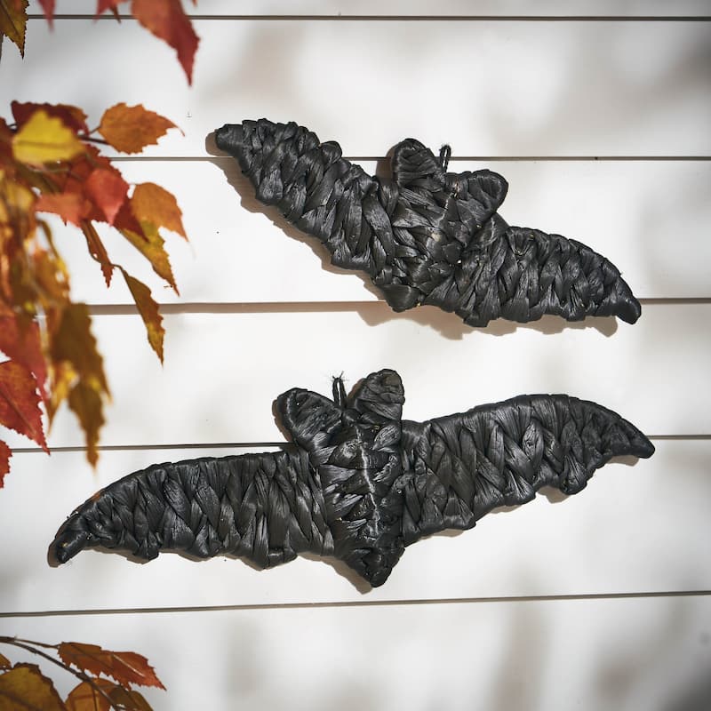 Small Woven Bat Wall Art Decorative Sculpture for Halloween Black Water Hyacinth 13x4x0.5 Inches Spot Clean