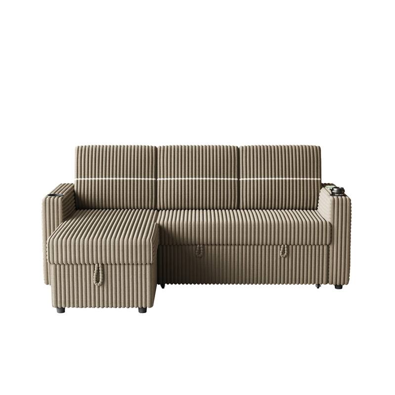 3 Seater Corduroy Sleeper Sofa - Pull-Out Couch with Storage Chaise, USB Charging Port & Cup Holders, 85" Sofa Bed