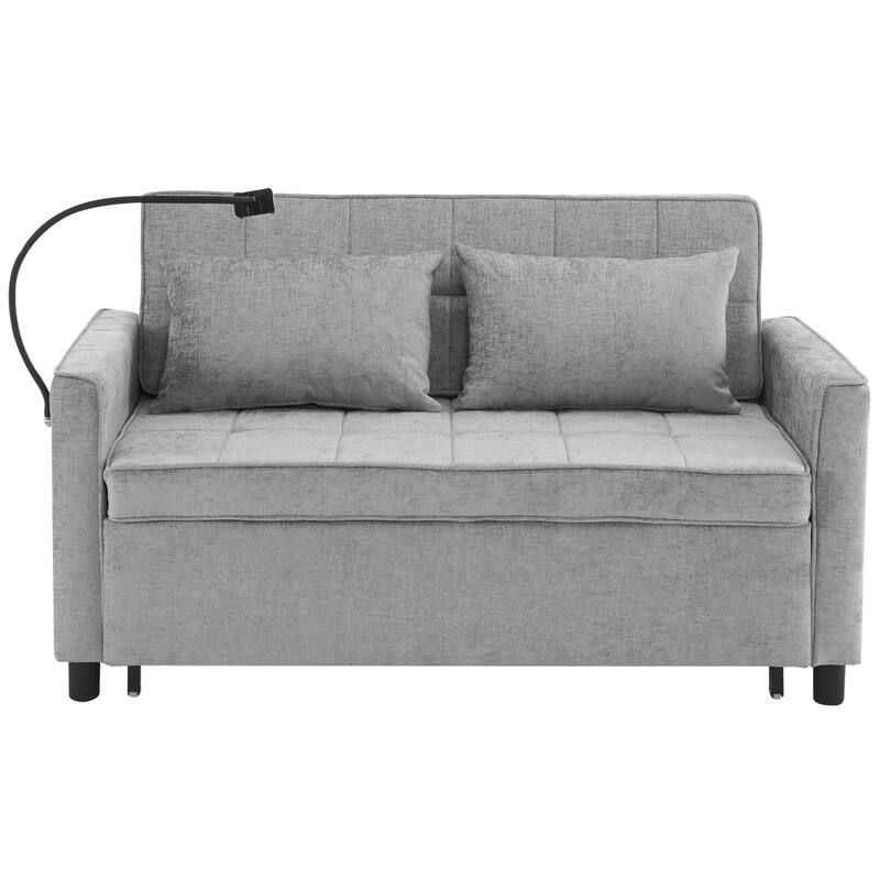 3 in 1 Convertible Sleeper Sofa Bed, Loveseat with Side Pockets and USB Ports, Futon Sofa Bed with Reversible Back