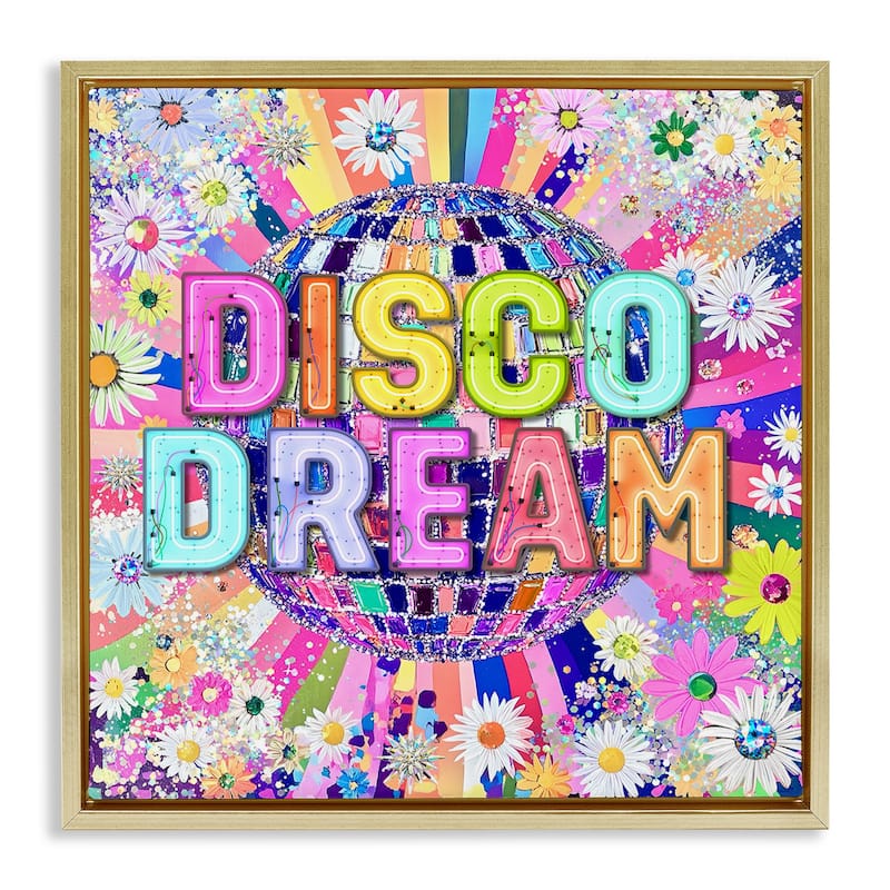 Stupell Vivid Disco Dream with Daisies Framed Floater Canvas Wall Art Design By Jess Stempel - 18 x 18 - Gold