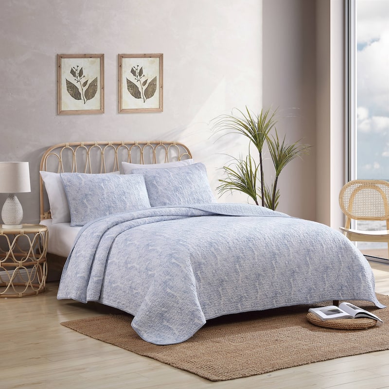 Tommy Bahama Distressed Water Leaves Blue Cotton Reversible Quilt Set