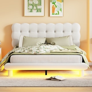 Queen Size Velvet Upholstered Platform Bed with LED Frame - Bed Bath ...