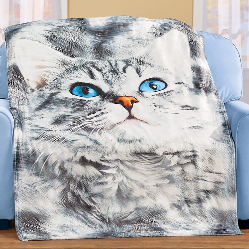 Cozy Cat with Blue Eyes Fleece Throw Blanket - 58.5 x 0.1 x 51 - Grey