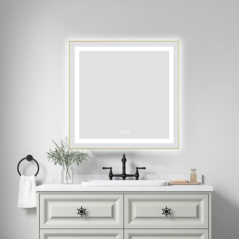 30" x 30" LED Bathroom Mirror with Front and Backlight, Wall Mounted Vanity Mirror with Aluminum Frame, Anti-Fog - Brushed Gold