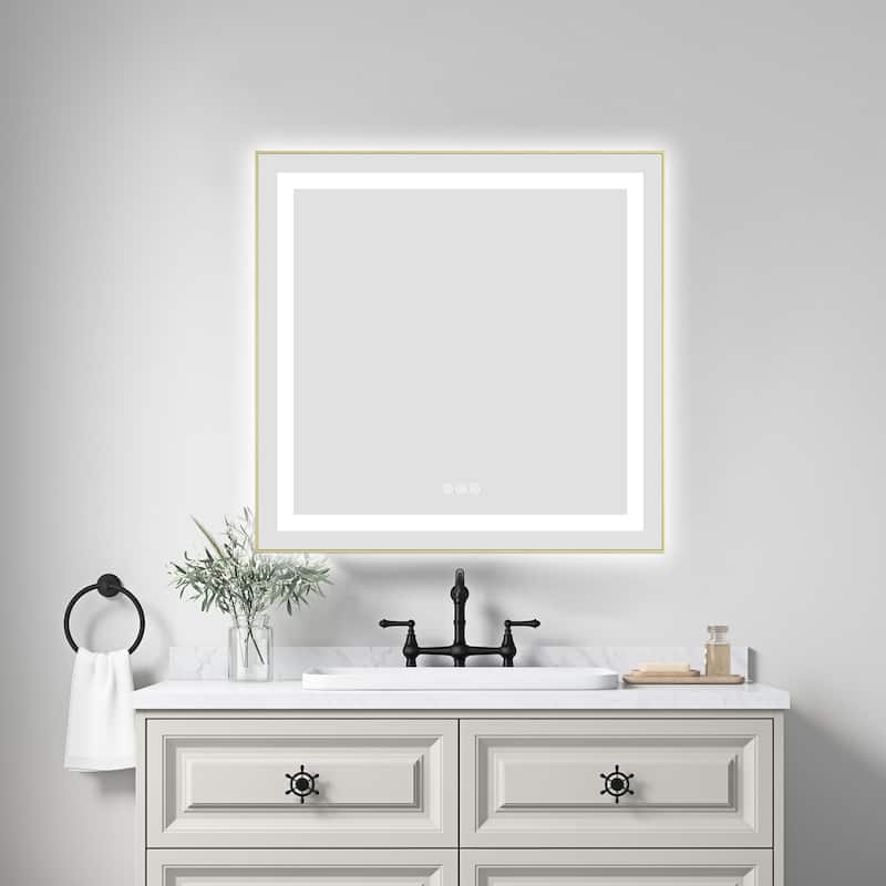 30 x 30 Inch LED Bathroom Mirror with Front and Backlight, Wall Mounted Vanity Mirror with Aluminum Frame, Anti-Fog, Memory - Brushed Gold